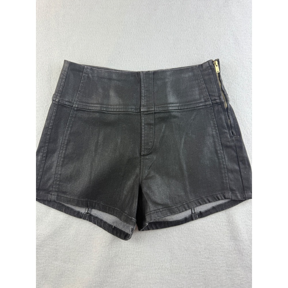 Guess Black Coated Denim High Waist Shorts Gold Zipper Accents Size 27